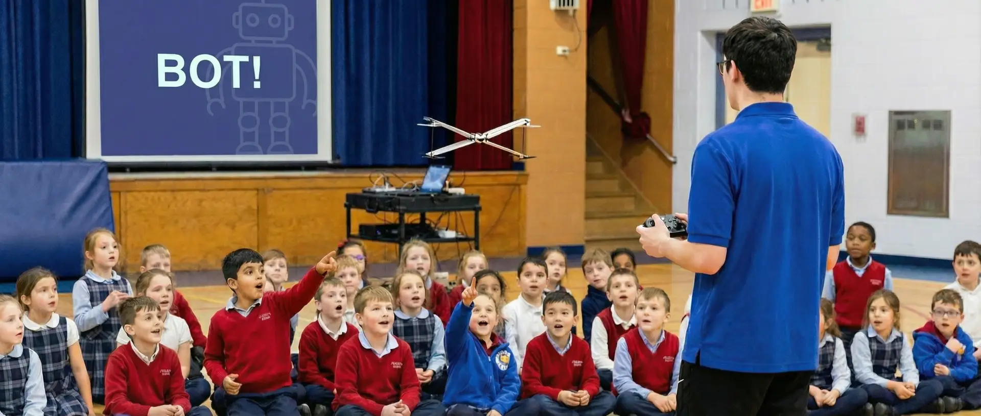 BOT! The Secret World of Robots – STEM school assembly banner featuring live drone flight demonstration for students.